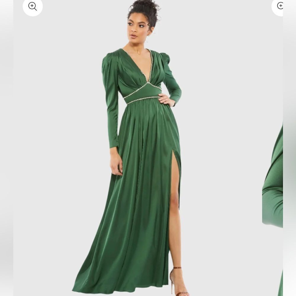 IEENA MAC DUGGAL Green Rhinestone Trim Puff Sleeve Gathered Gown 55702 Sz 8
